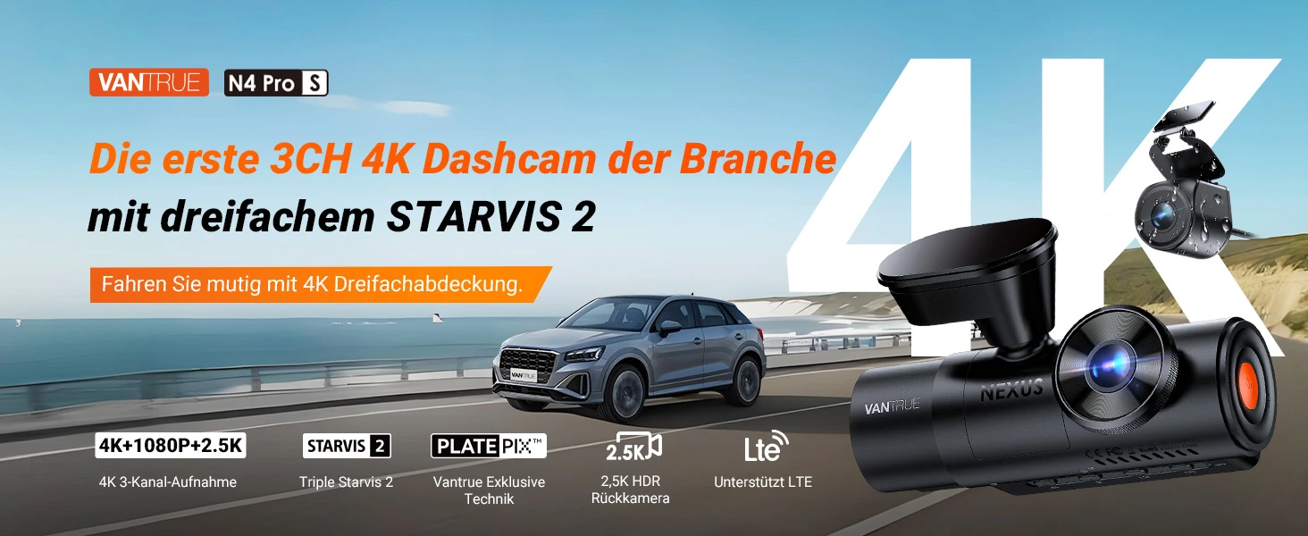 Vantrue N4 Pro S 3 Kanal Dashcam mit 4K vorne, Innenraumkamera, 2.5K hinten, GPS, WLAN und Parküberwachung – Bild 2