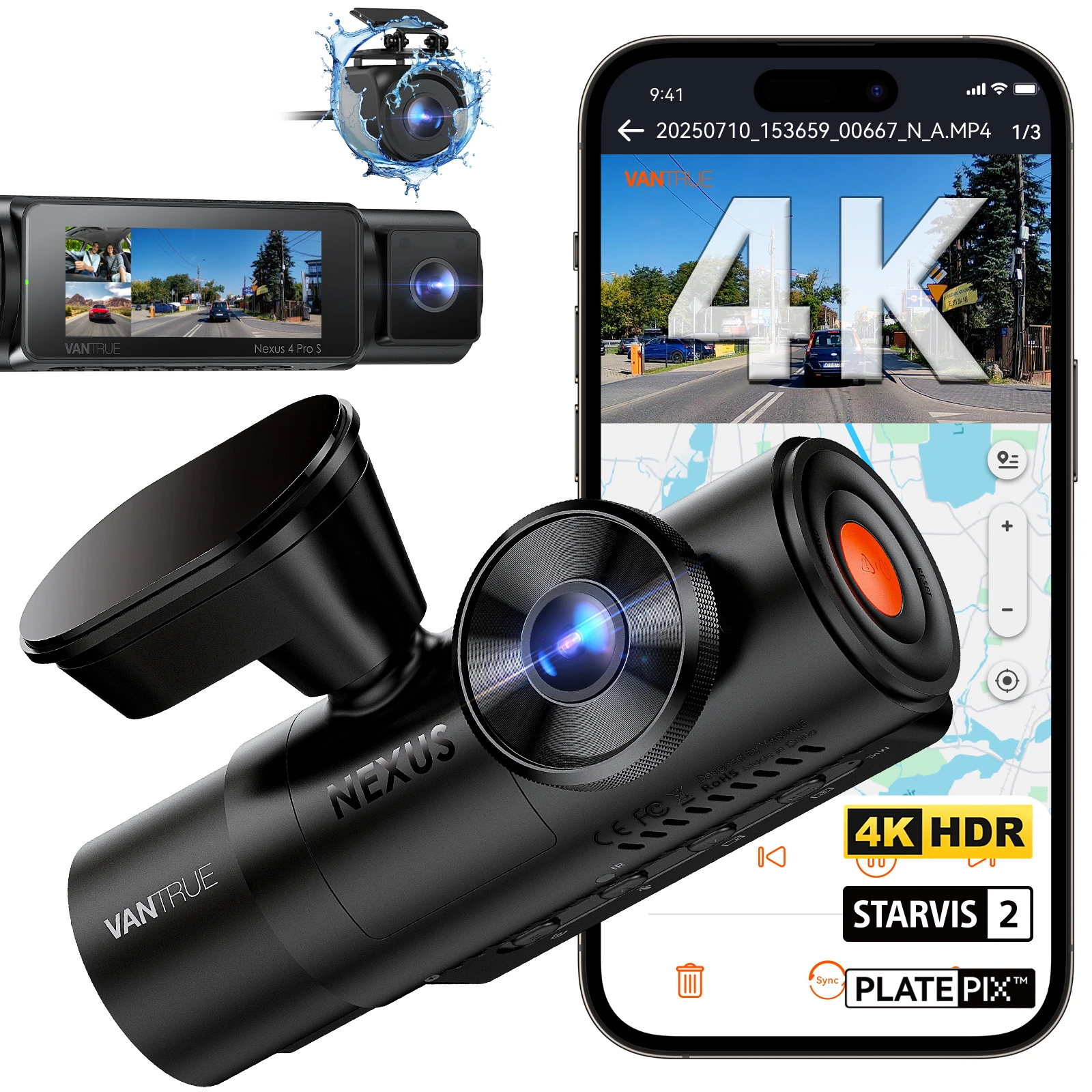 Vantrue N4 Pro S 3 Kanal Dashcam mit 4K vorne, Innenraumkamera, 2.5K hinten, GPS, WLAN und Parküberwachung – Bild 1